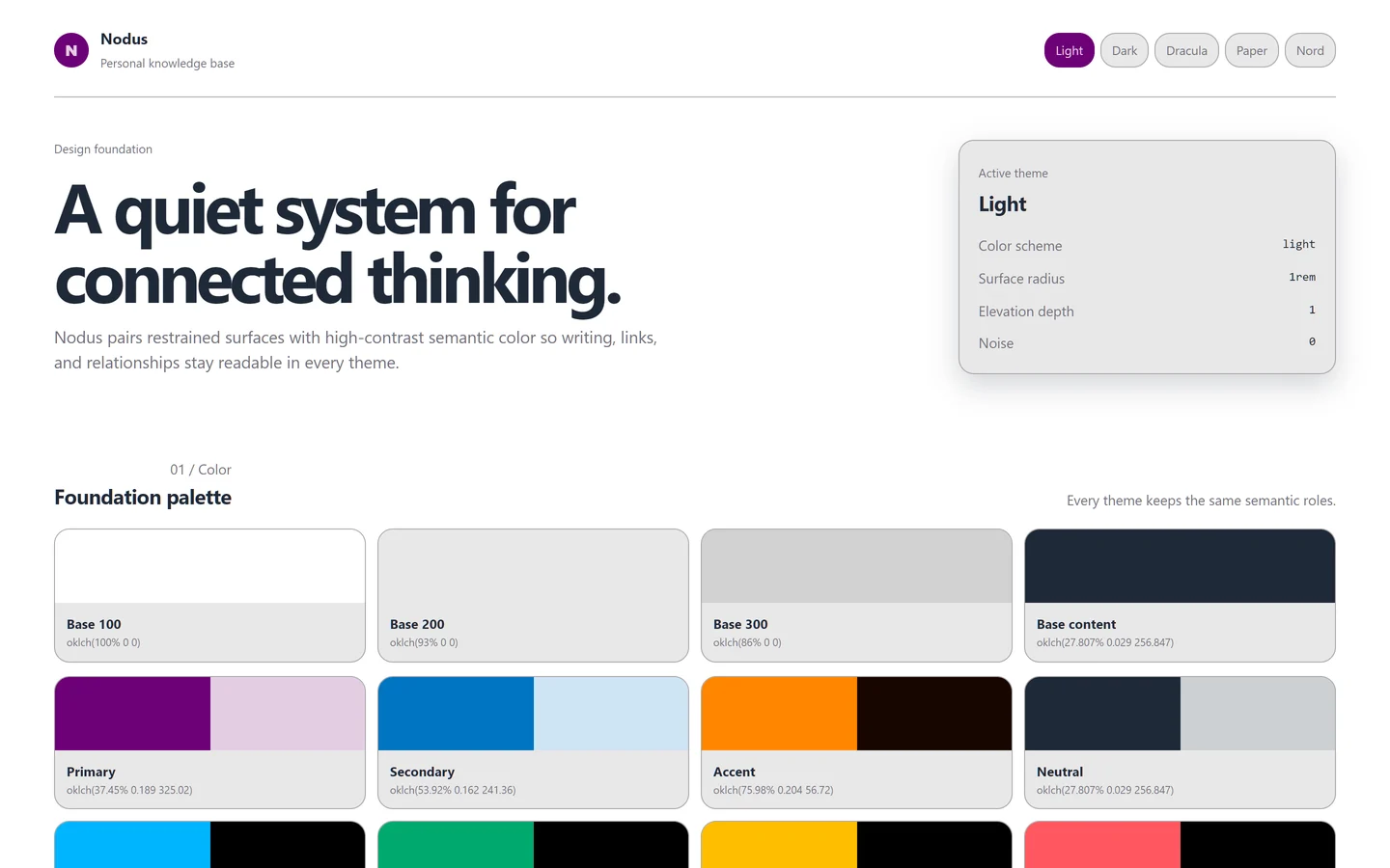 Nodus design system page with OKLCH color tokens
