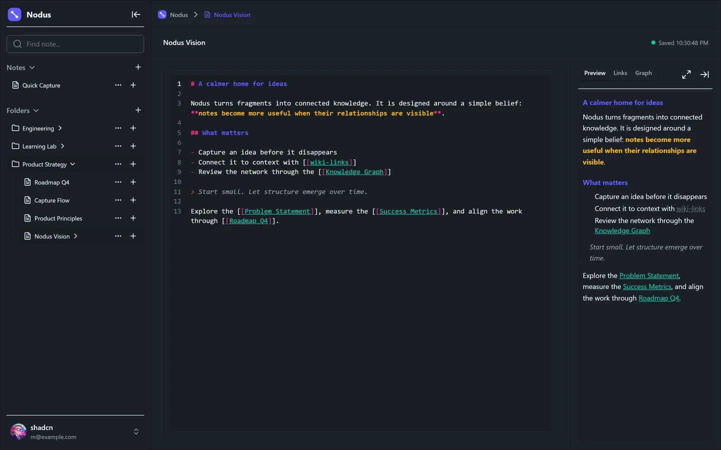 Nodus editor with live markdown preview and wiki-links